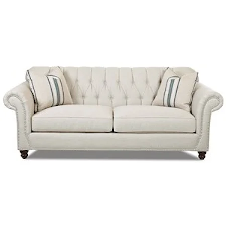Traditional Sofa with Button Tufted Back, Rolled Arms and Throw Pillows
